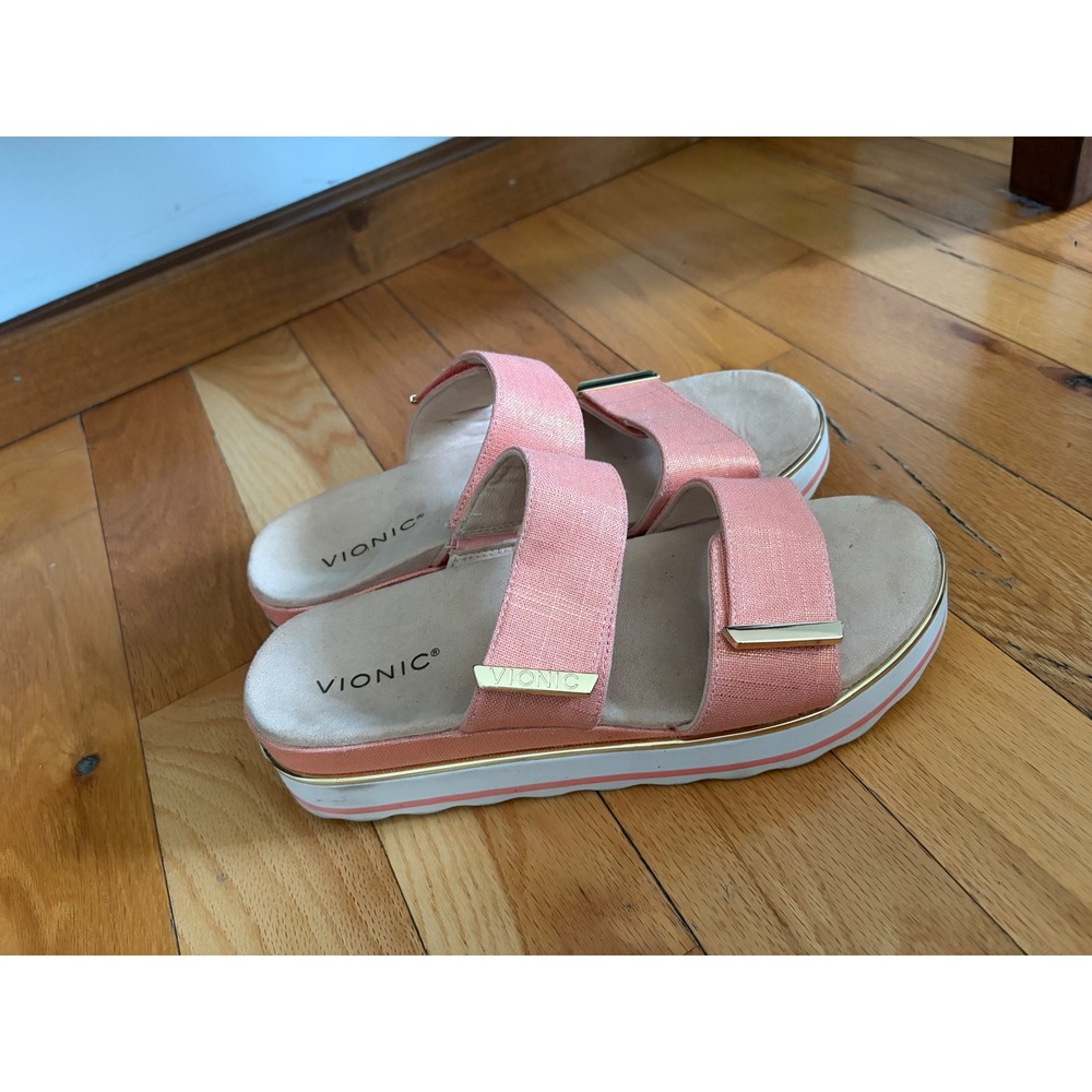 Womens Vionic Brandie Slide Platform Sandal Metallic Shine Coral Size 10